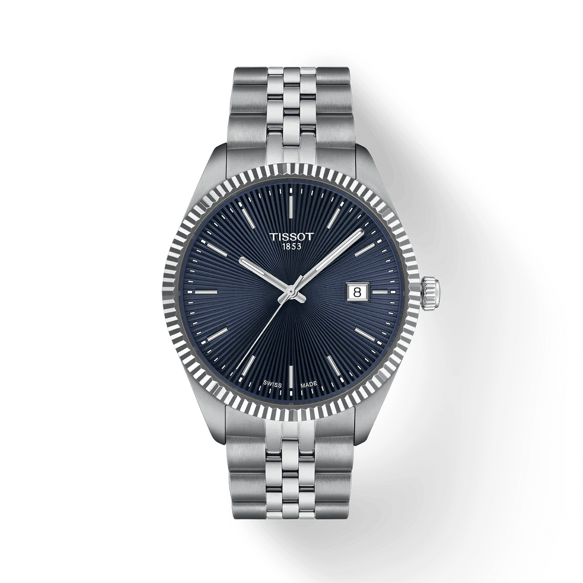 Tissot Ballade 40mm med blå guillocherad urtavla och stålkedja, elegant herrklocka. Modell T1564101104100