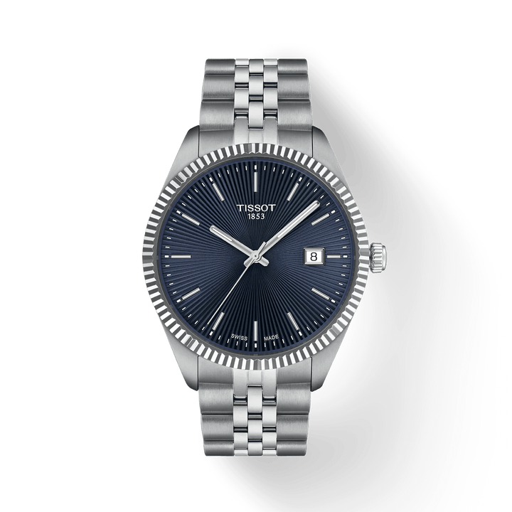 Tissot Ballade 40mm med blå guillocherad urtavla och stålkedja, elegant herrklocka. Modell T1564101104100
