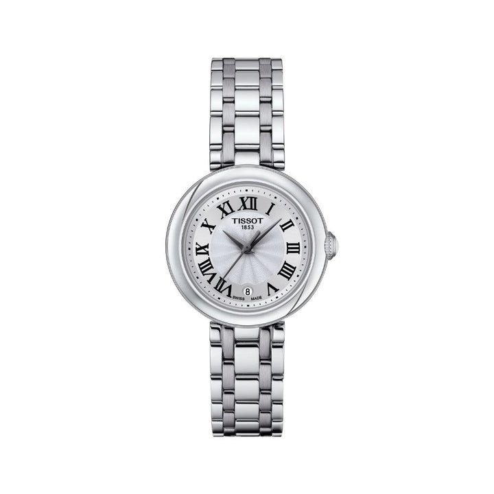 Tissot Bellissima Small Lady visar en silverklocka med romerska siffror, datum och elegant metallband. Modell T1260101101300