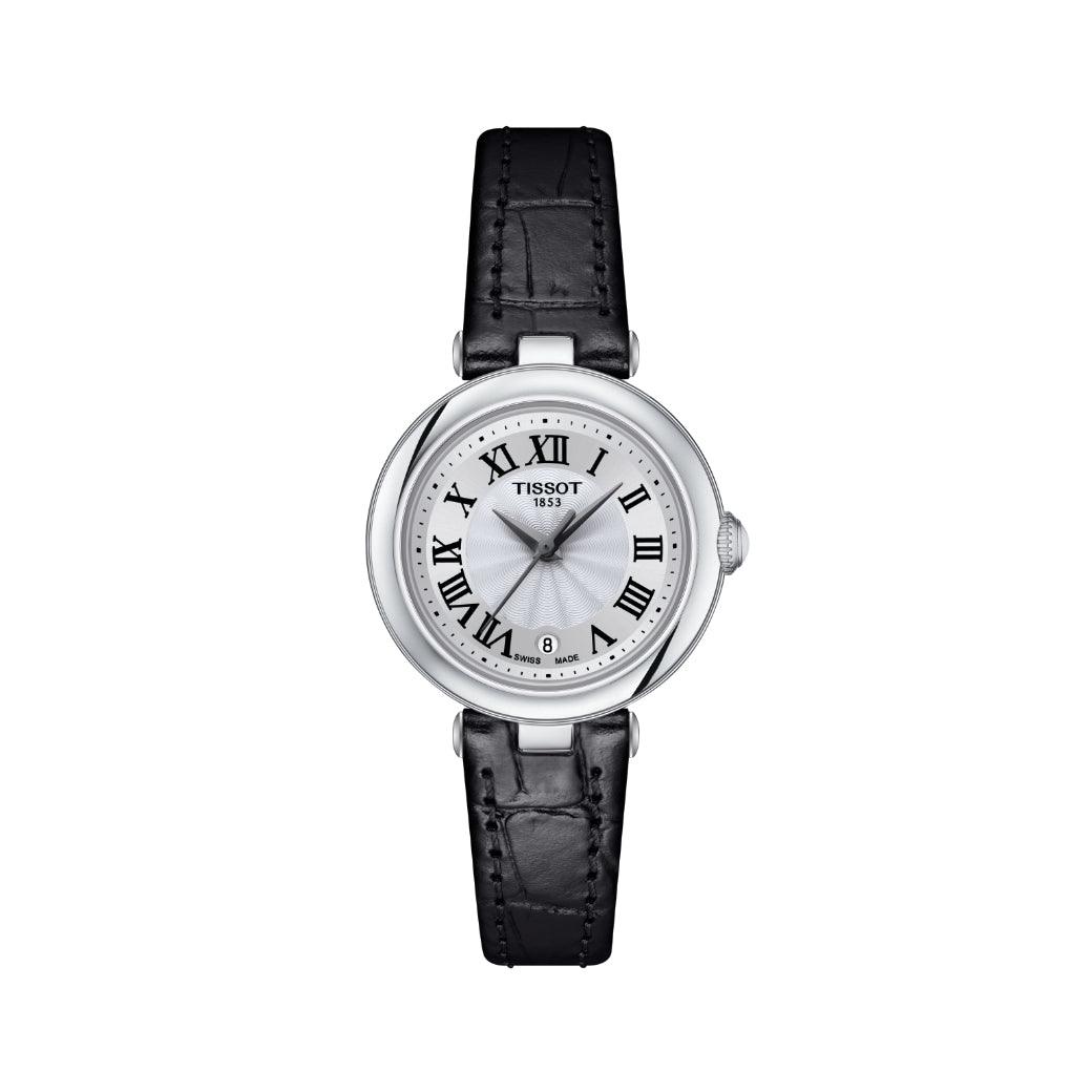 Tissot Bellissima Small Lady med silverurtavla, svarta romerska siffror och svart läderrem. Modell T1260101601300.