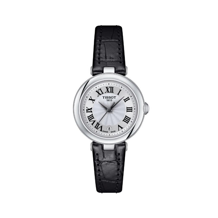 Tissot Bellissima Small Lady med silverurtavla, svarta romerska siffror och svart läderrem. Modell T1260101601300.