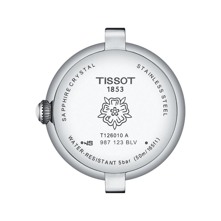 Tissot Bellissima Small Lady T1260101601300 klockboett sett bakifrån i stål med gångjärn och graverad blomma. Modell T1260101601300
