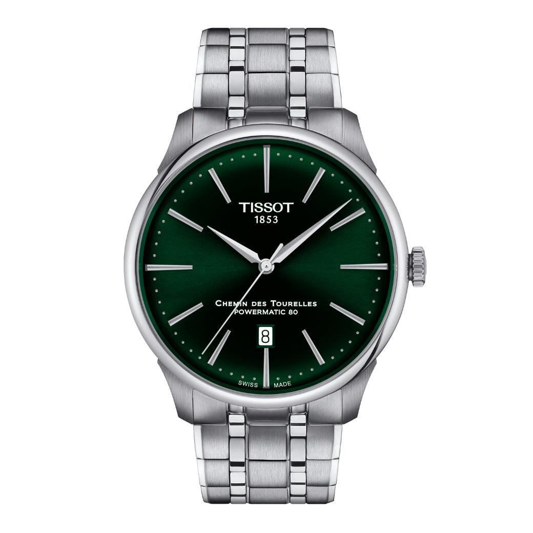 Tissot Chemin des Tourelles Powermatic 80 42 mm med grön urtavla och stålrem, modell T1394071109100