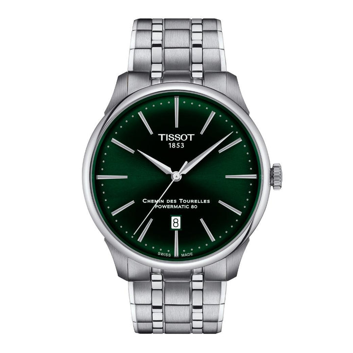 Tissot Chemin des Tourelles Powermatic 80 42 mm med grön urtavla och stålrem, modell T1394071109100