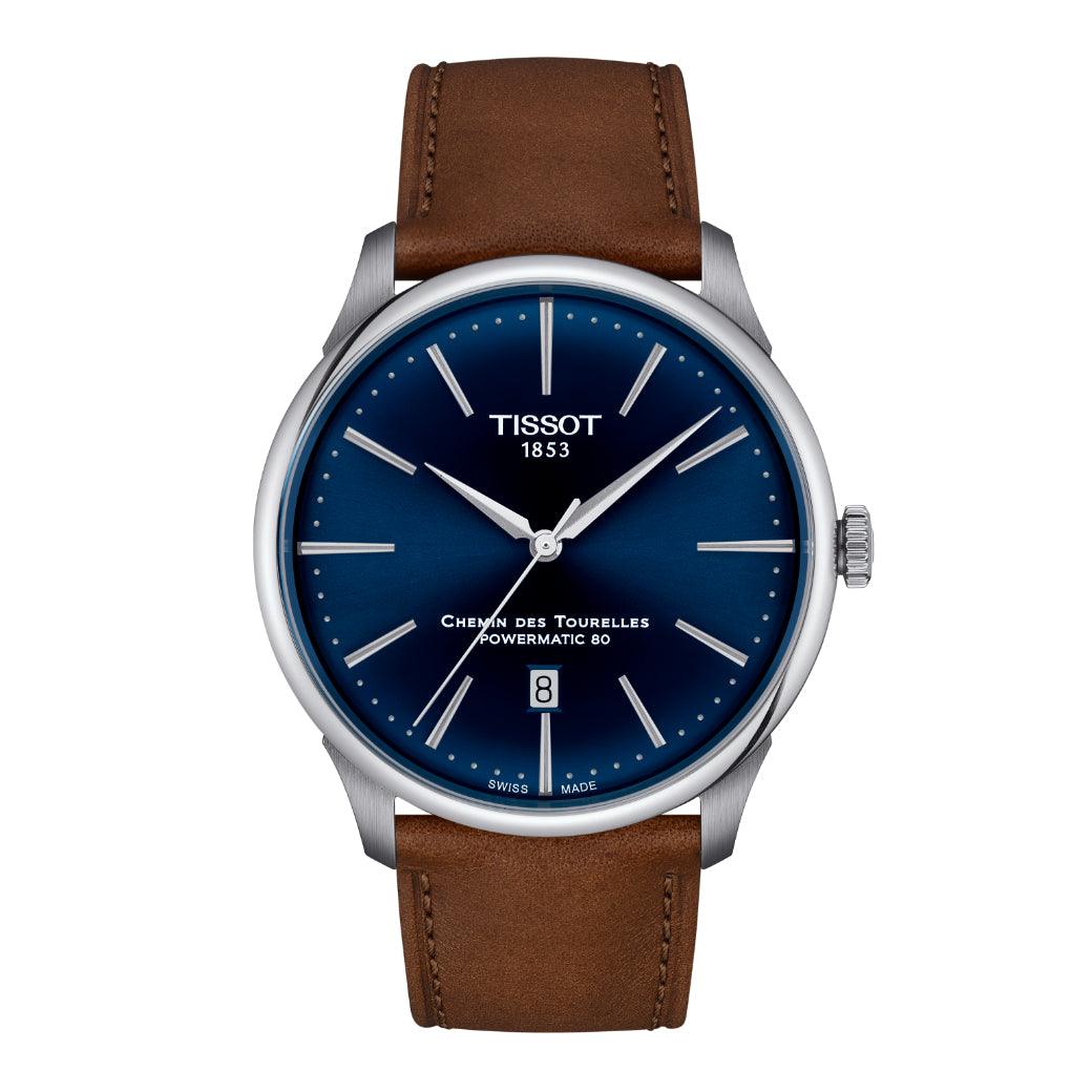 Tissot Chemin des Tourelles Powermatic 80 42 mm med blå urtavla och brunt läderband, Modell T1394071604100.