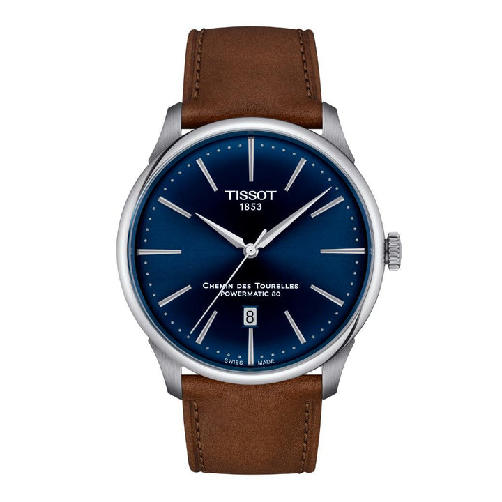 Tissot Chemin des Tourelles Powermatic 80 42 mm med blå urtavla och brunt läderband, Modell T1394071604100.