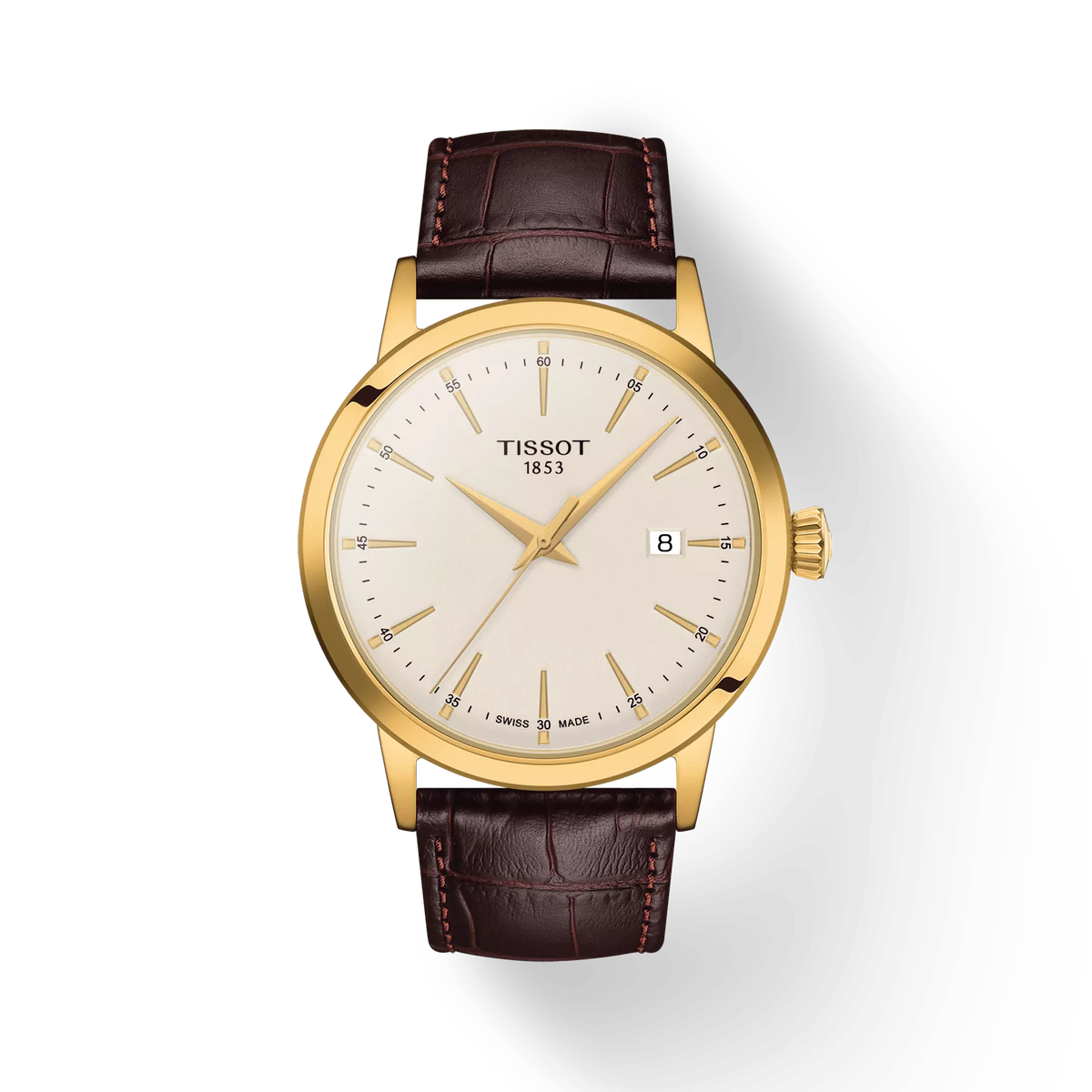 Tissot Classic Dream 42 mm guld PVD med brunt läderband, elegant urtavla, modell T1294103626100