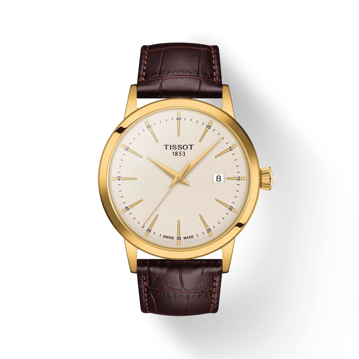 Tissot Classic Dream 42 mm guld PVD med brunt läderband, elegant urtavla, modell T1294103626100