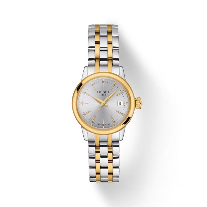 Tissot Classic Dream Lady guld PVD visar elegant tvåfärgad damklocka med silverurtavla och datum. Modell T1292102203100