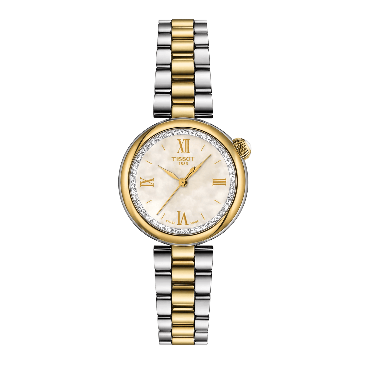 Tissot Desir 28 mm PVD med pärlemorskiva, tvåfärgat stålarmband och guldfärgade detaljer. Modell T1520102211801