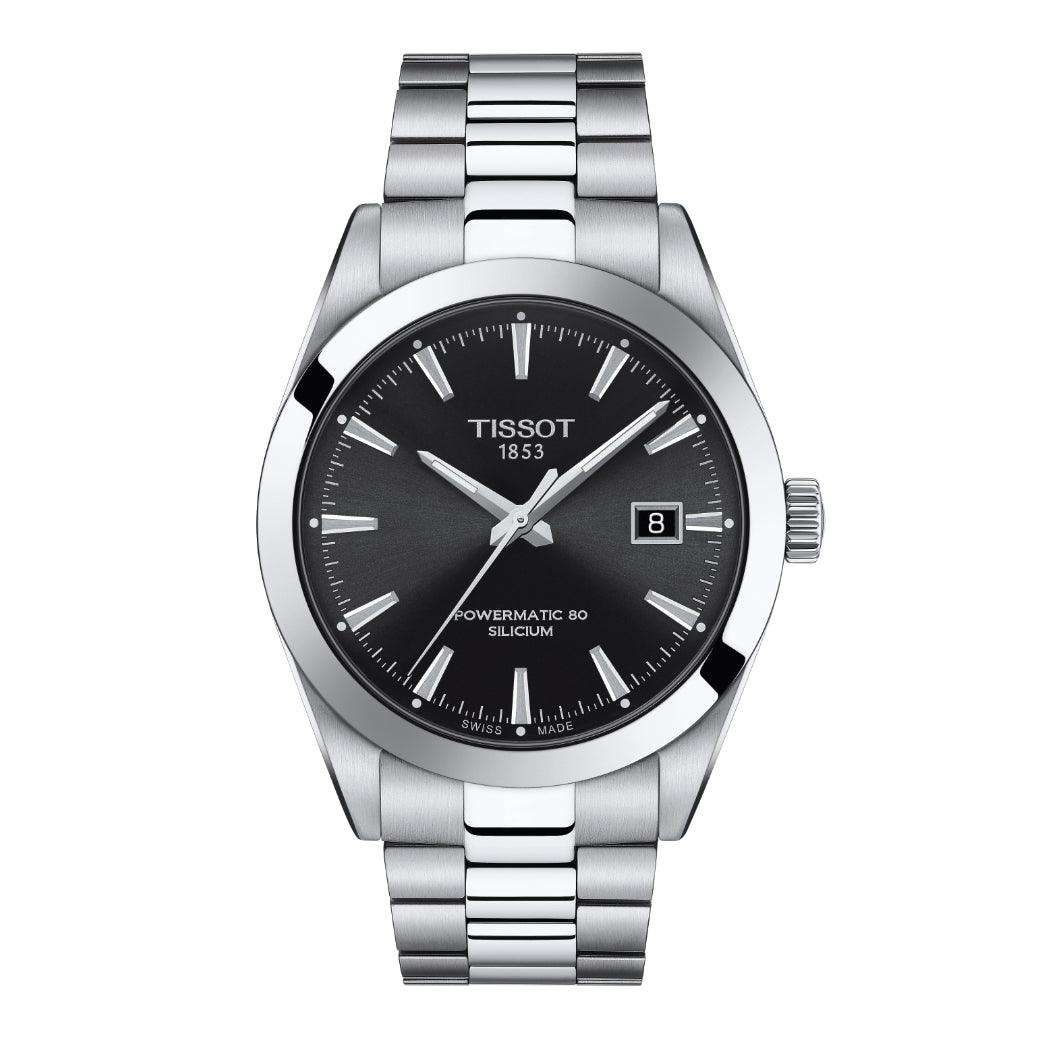Tissot Gentleman Powermatic 80 Silicon med svart urtavla och silver stålkedja, modell T1274071105100.