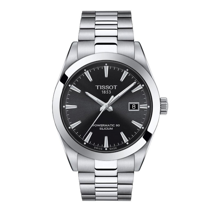Tissot Gentleman Powermatic 80 Silicon med svart urtavla och silver stålkedja, modell T1274071105100.