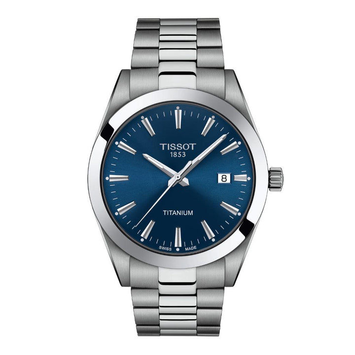 Tissot Gentleman Titan T1274104404100 med blå urtavla och silverkedja. Modell T1274104404100