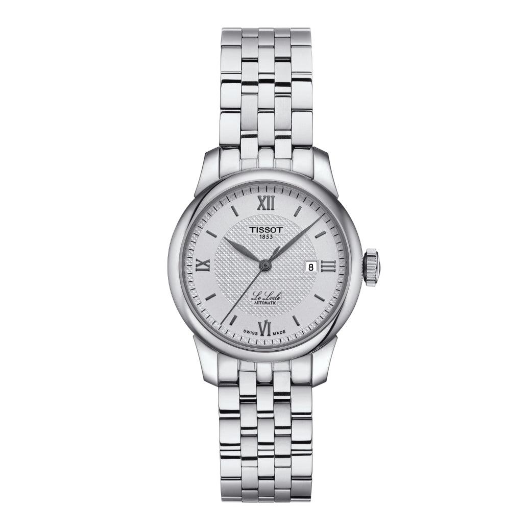 Tissot Le Locle Automatic Lady 29mm visar en elegant silver damklocka i stål med romerska siffror. Modell T0062071103800.