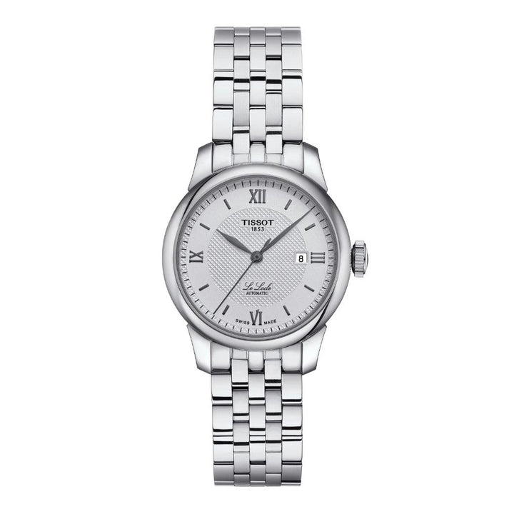 Tissot Le Locle Automatic Lady 29mm visar en elegant silver damklocka i stål med romerska siffror. Modell T0062071103800.