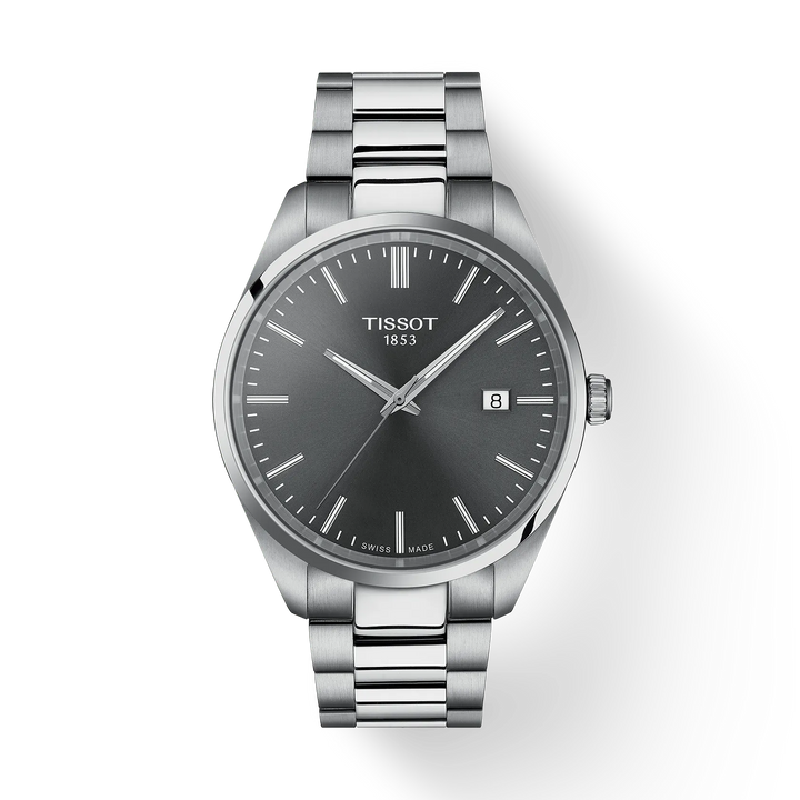 Tissot PR 100 40mm stålkedja antracitgrå urtavla, elegant herrklocka med datum, Modell T1504101108100.