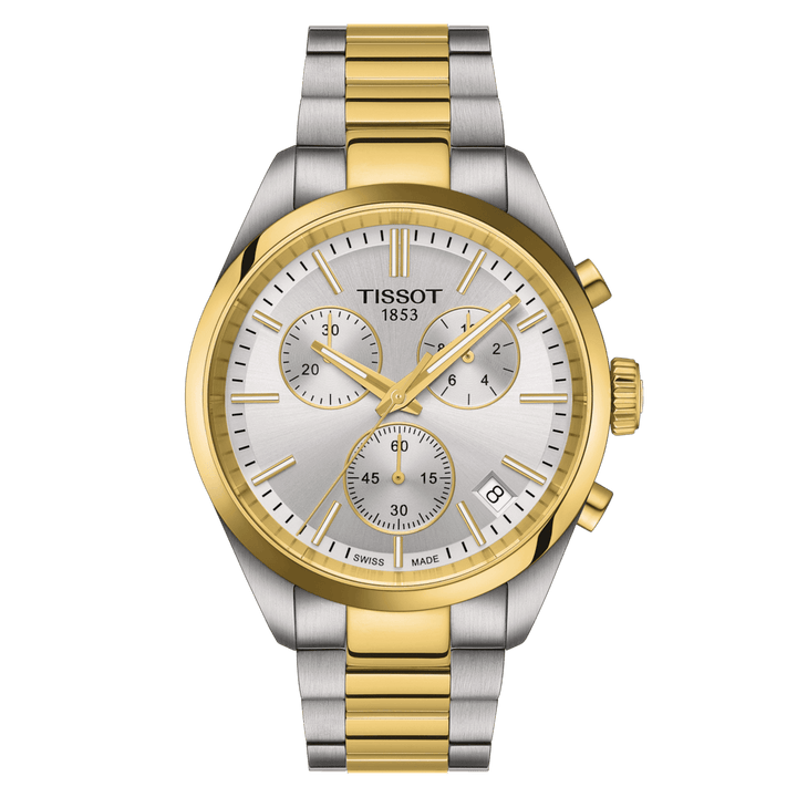Tissot PR 100 Chronograph PVD med silverurtavla, tvåfärgat stålarmband, modell T1504172203100