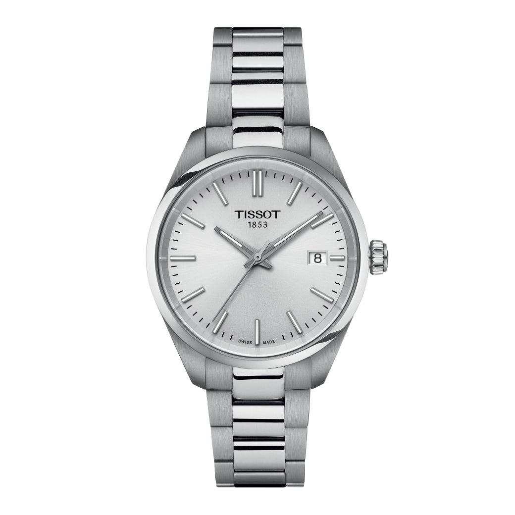 Tissot PR 100 T1502101103100 visas som en elegant herrklocka i rostfritt stål med silverurtavla. Modell T1502101103100