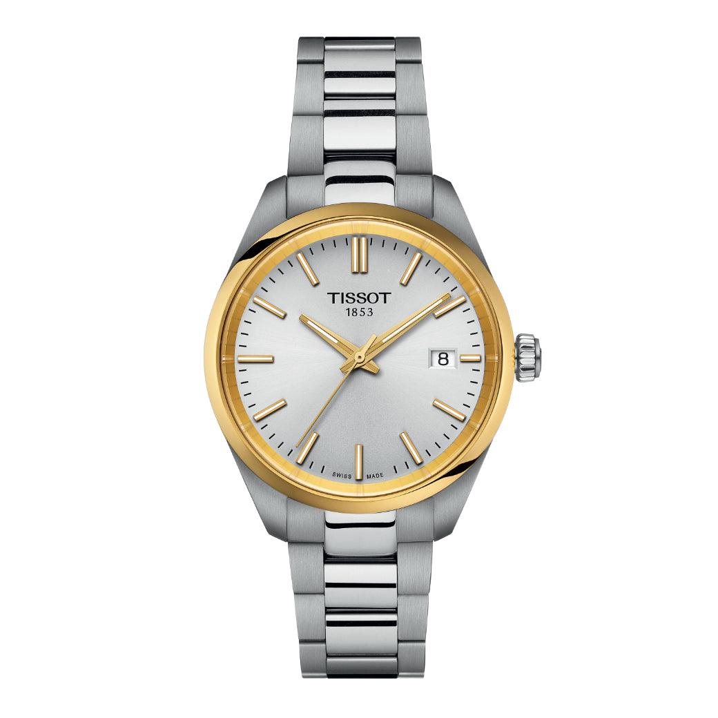 Tissot PR 100 visar en tvåfärgad klocka i stål med guldfärgad ram och silverurtavla, modell T1502102103100.