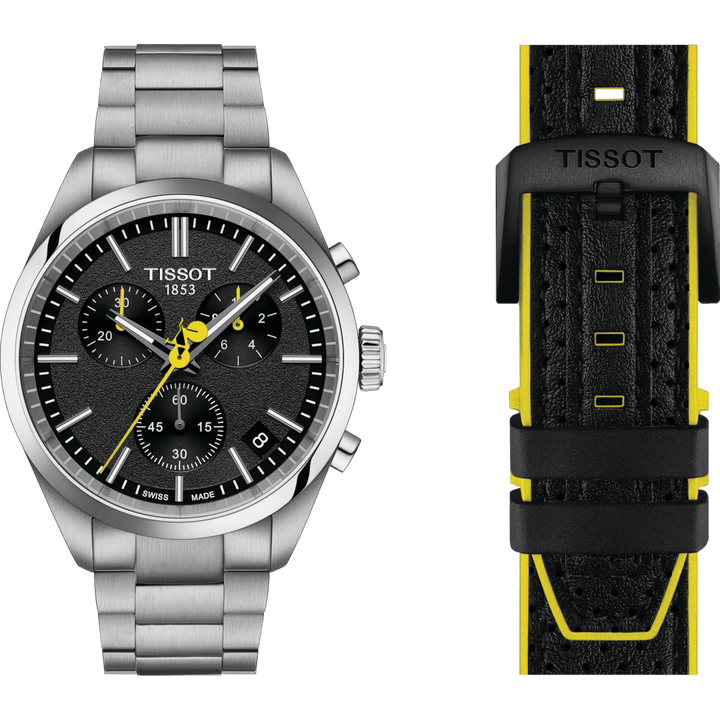 Tissot PR100 Tour de France T1504171105100 med stålband, svart urtavla och alternativt svart läderband. Modell T1504171105100