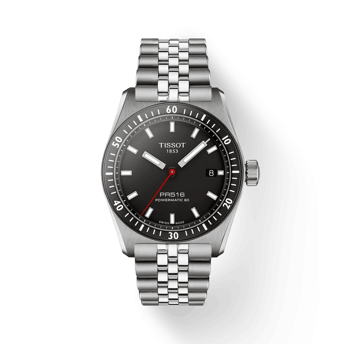 Tissot PR516 Powermatic 80 med svart urtavla och silver stålkedja, modell T1494071105100.