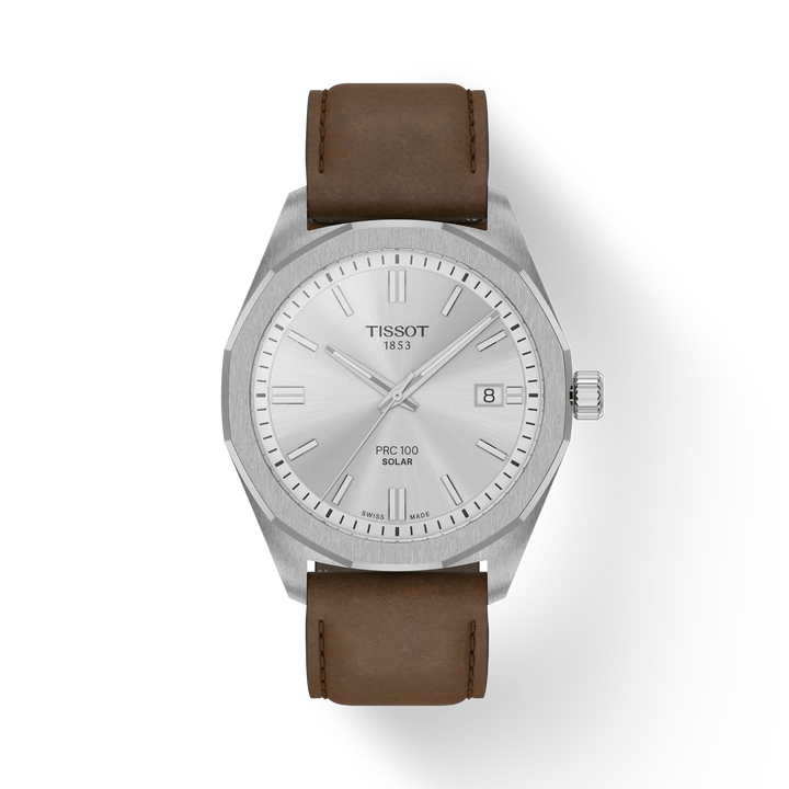 Tissot PRC 100 Solar Quartz 39 mm med silverurtavla och brunt läderband, modell T1514221603100