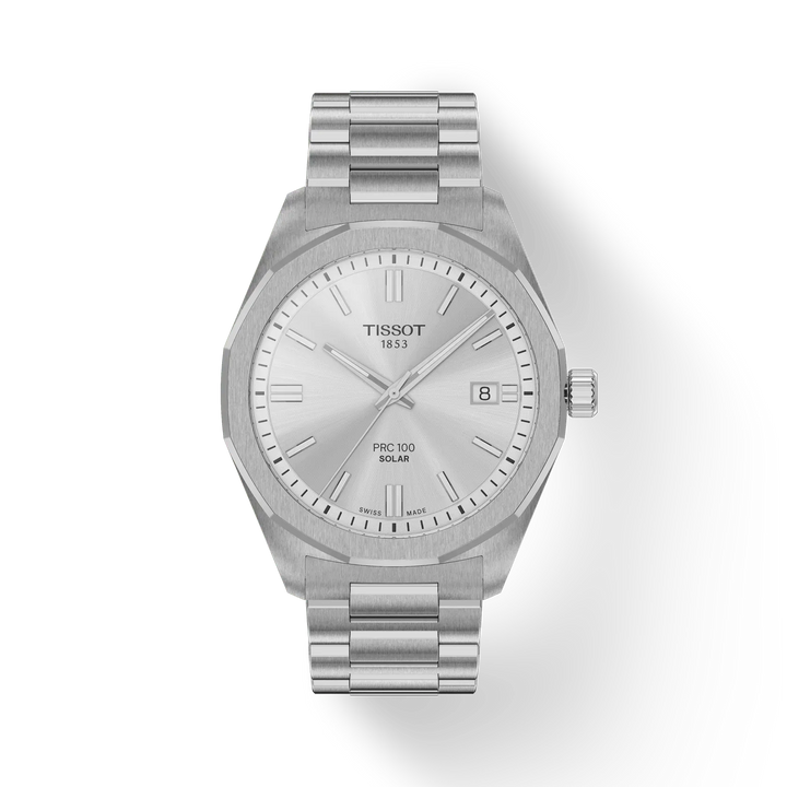 Tissot PRC 100 Solar Quartz 39mm visar silverurtavla och stålkedja. Modell T1514221103100.