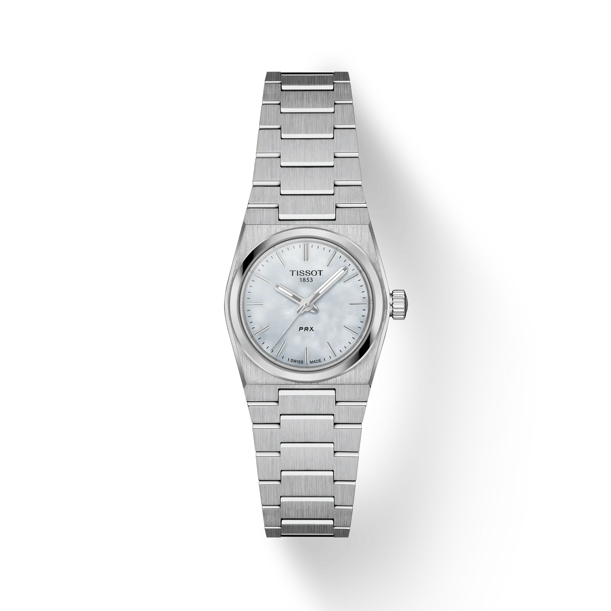 Tissot PRX 25mm pärlemorurtavla i stål med silverfärgad kedja. Modell T1370101111100