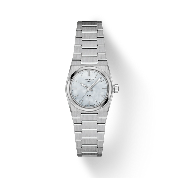 Tissot PRX 25mm pärlemorurtavla i stål med silverfärgad kedja. Modell T1370101111100