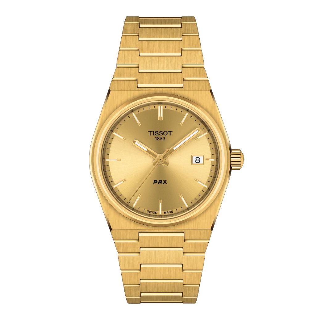 Tissot PRX 35 mm guld PVD-klocka med integrerad kedja och guldfärgad urtavla. Modell T1372103302100.