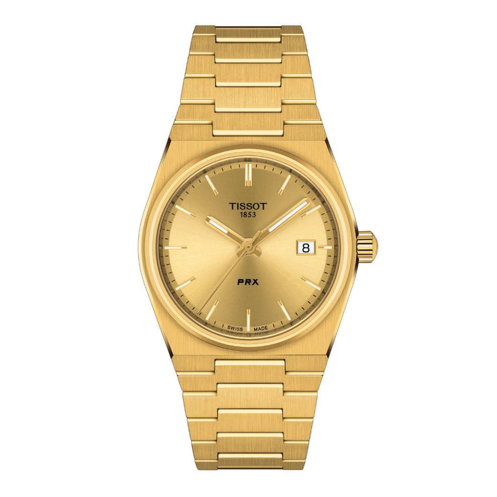Tissot PRX 35 mm guld PVD-klocka med integrerad kedja och guldfärgad urtavla. Modell T1372103302100.
