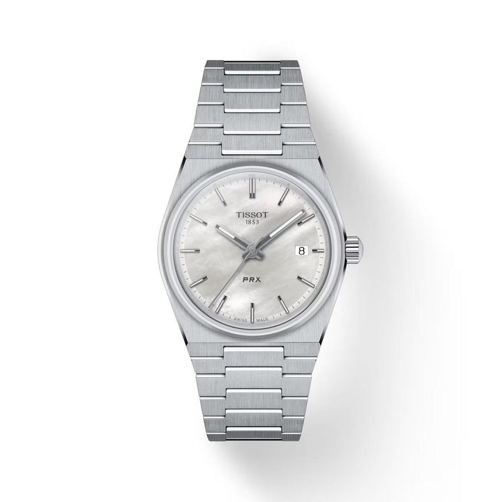 Tissot PRX 35 mm urtavla med vit pärlemor på stållänk, elegant omslagsbild. Modell T1372101111100