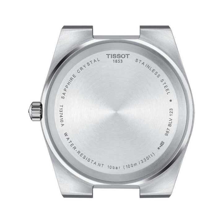 Tissot PRX 40 mm svart urtavla, som visar baksidan av boetten i rostfritt stål, modell T1374101105100