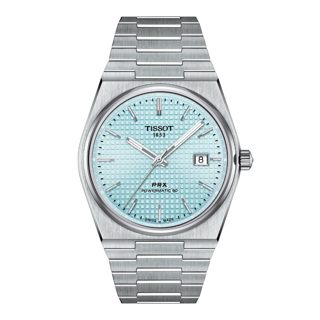 Tissot PRX Powermatic 80 Ice Blue klocka med stålband, isblå urtavla och datum. Modell T1374071135100.