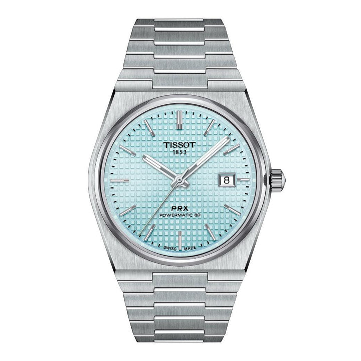 Tissot PRX Powermatic 80 Ice Blue klocka med stålband, isblå urtavla och datum. Modell T1374071135100.