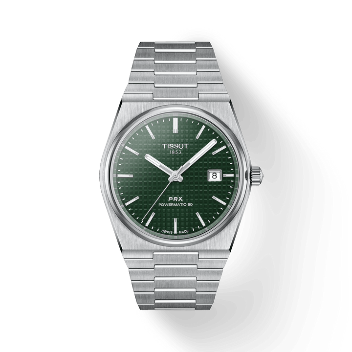 Tissot PRX Powermatic 80 med grön urtavla och silver stålkedja, modell T1374071109100.