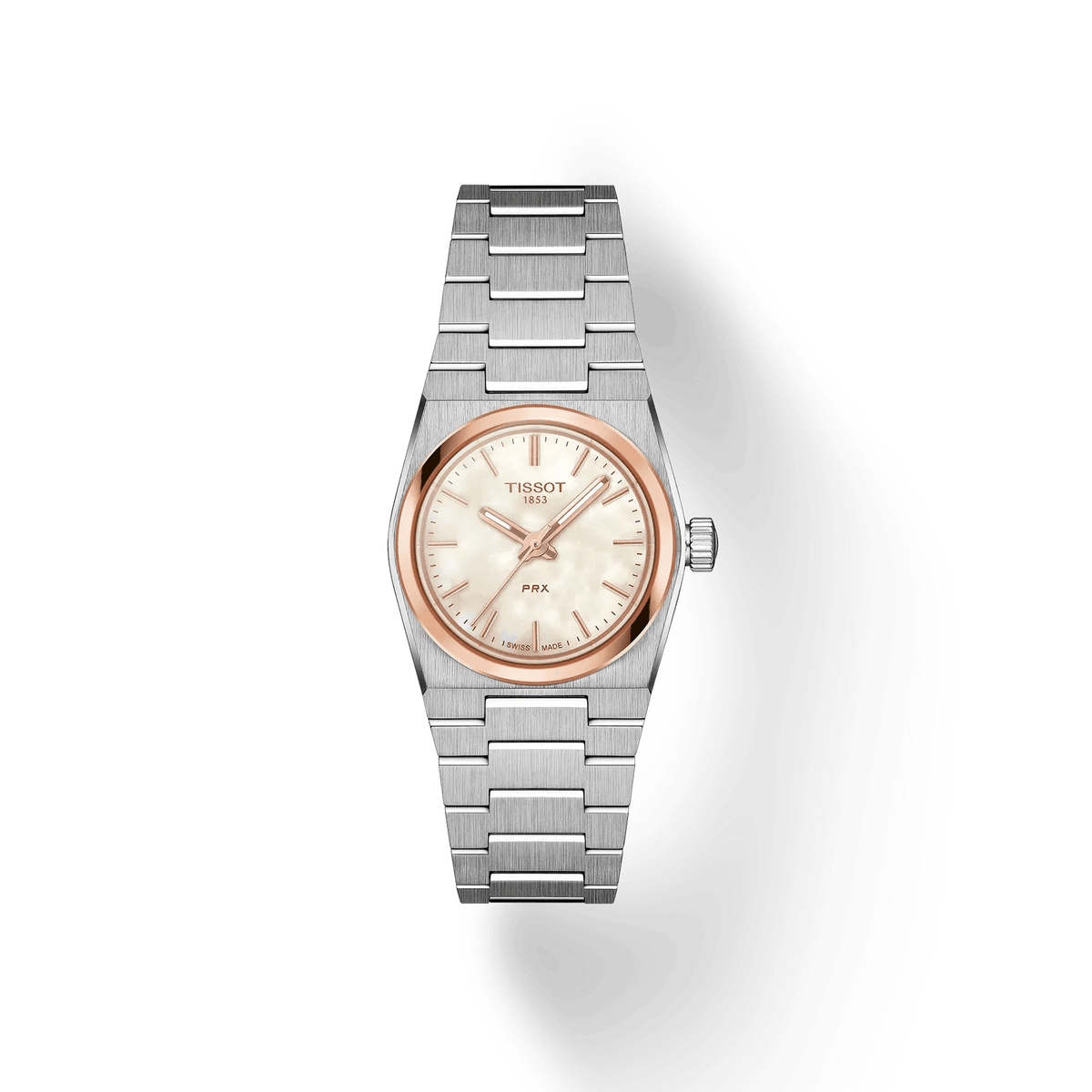 Tissot PRX Rose gold 25mm visar en elegant damklocka i stål med roséguld infattning, modell T1370102111100.