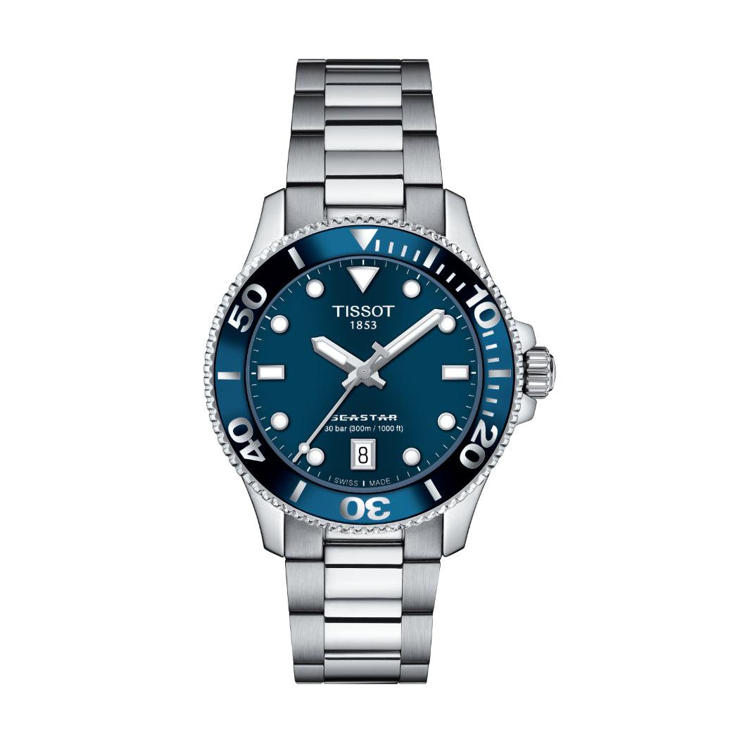 Tissot Seastar 1000 36 mm klocka med blå urtavla, stållänk och datum, modell T1202101104100