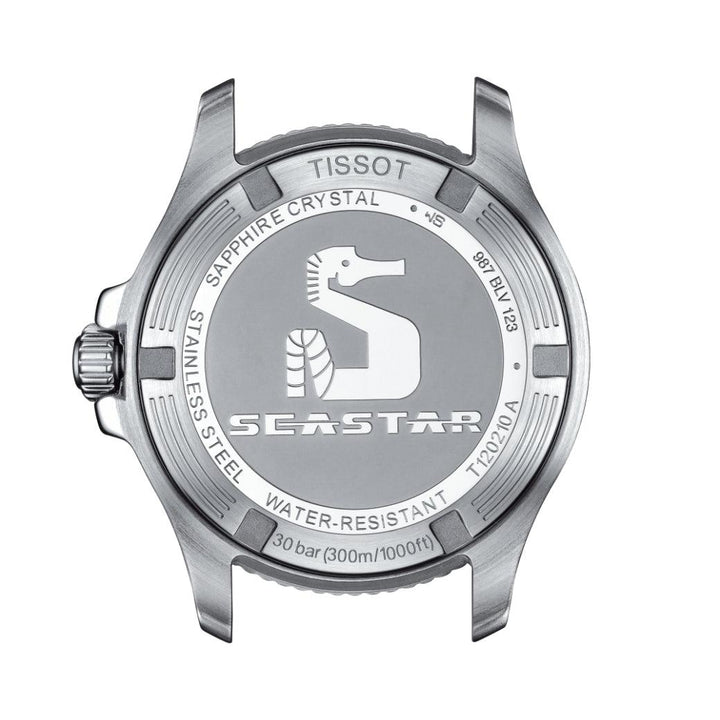 Tissot Seastar 1000 36mm visar fodralet tillbaka i stål med sjöhästlogotyp och detaljer. Modell T1202101104100