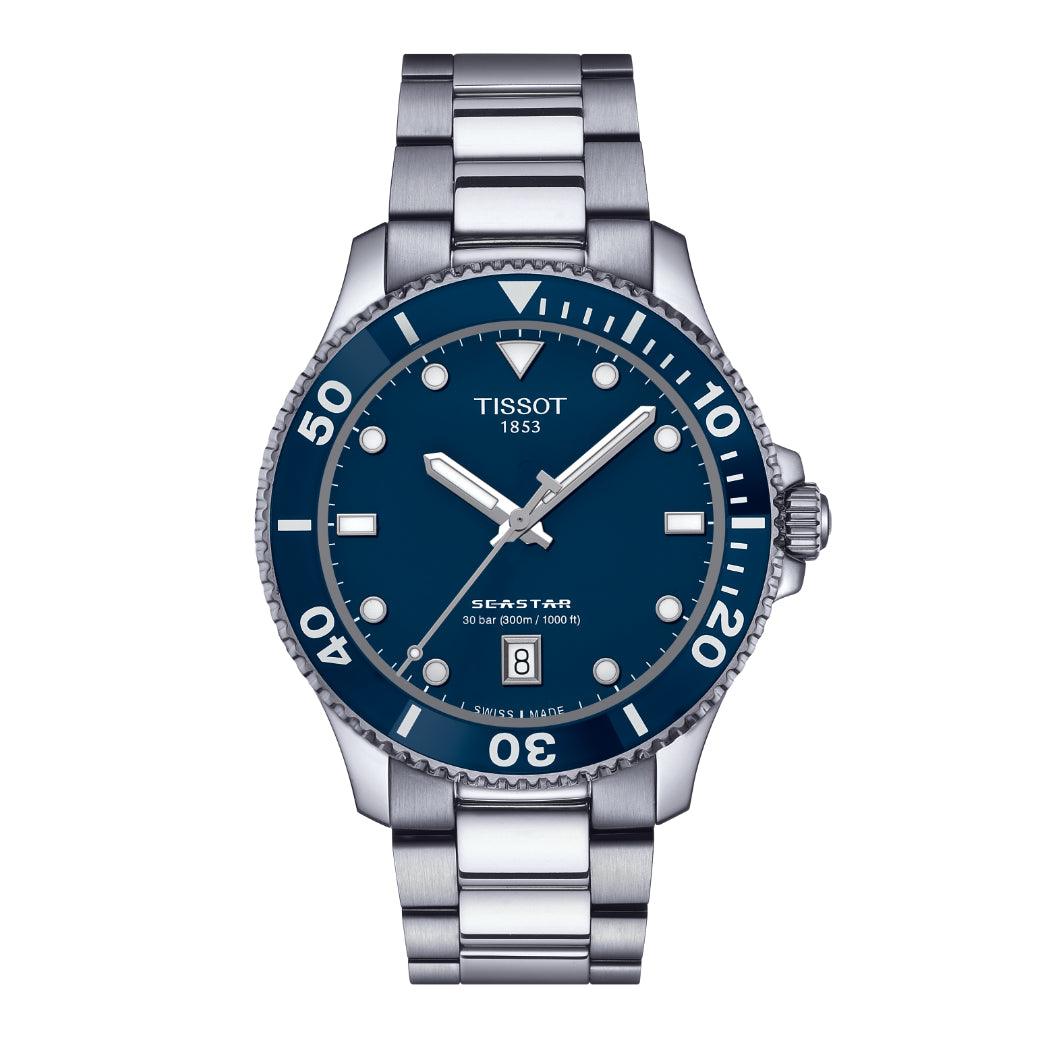 Tissot Seastar 1000 40mm visar urtavla i blått med stållänk och datum, modell T1204101104100.