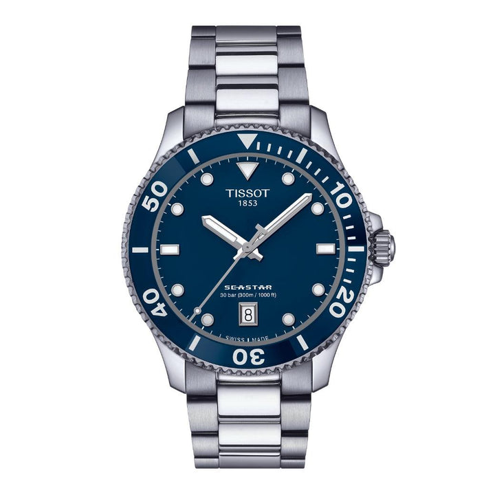 Tissot Seastar 1000 40mm visar urtavla i blått med stållänk och datum, modell T1204101104100.