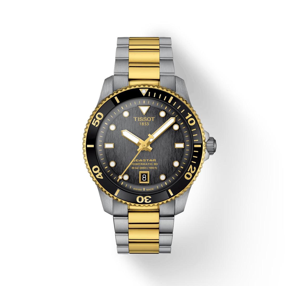 Tissot Seastar 1000 Powermatic 80 svart urtavla och tvåfärgat stålarmband med guld PVD. Modell T1208072205100