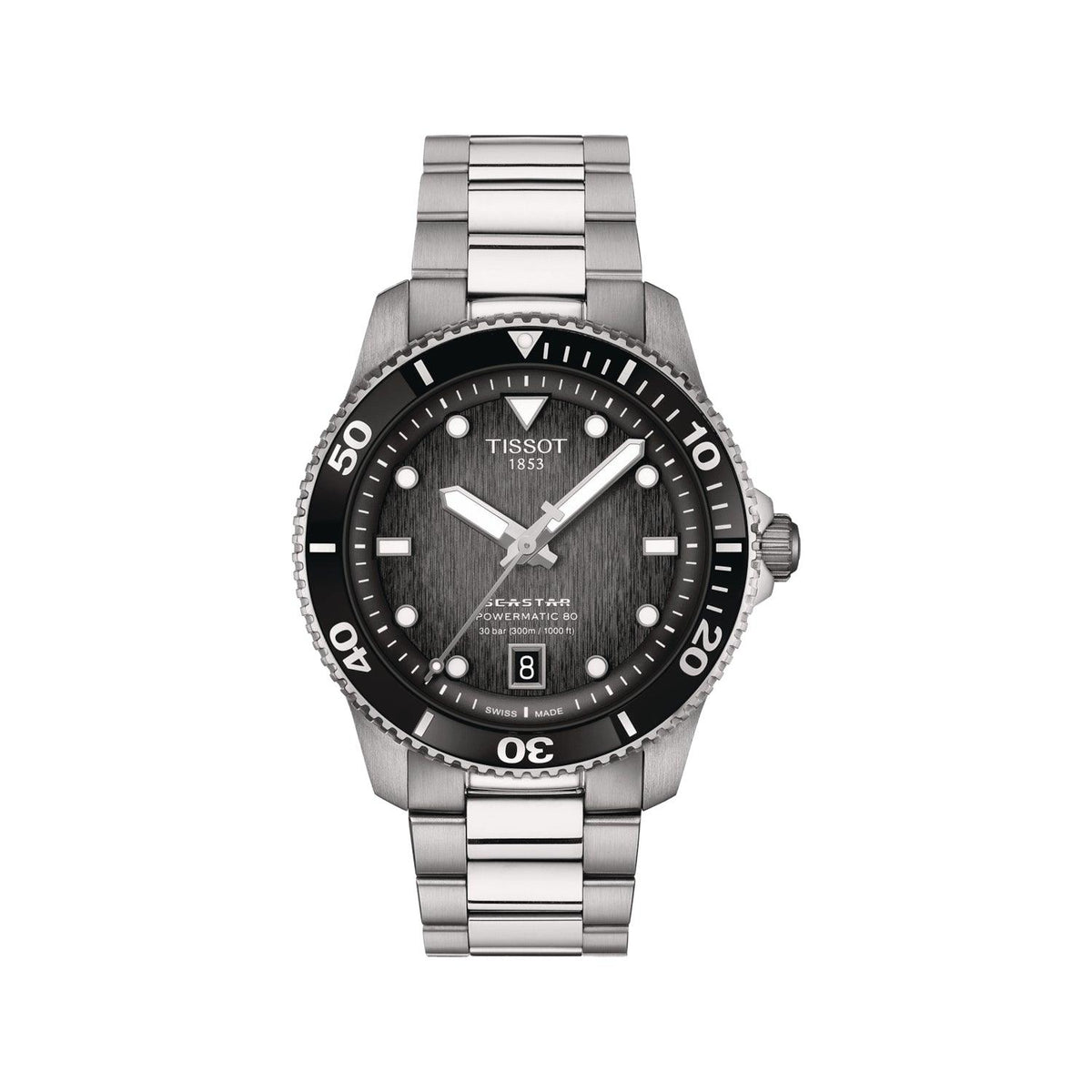 Tissot Seastar 1000 Powermatic 80 med svart urtavla och stållänk, visad framifrån. Modell T1208071105100.