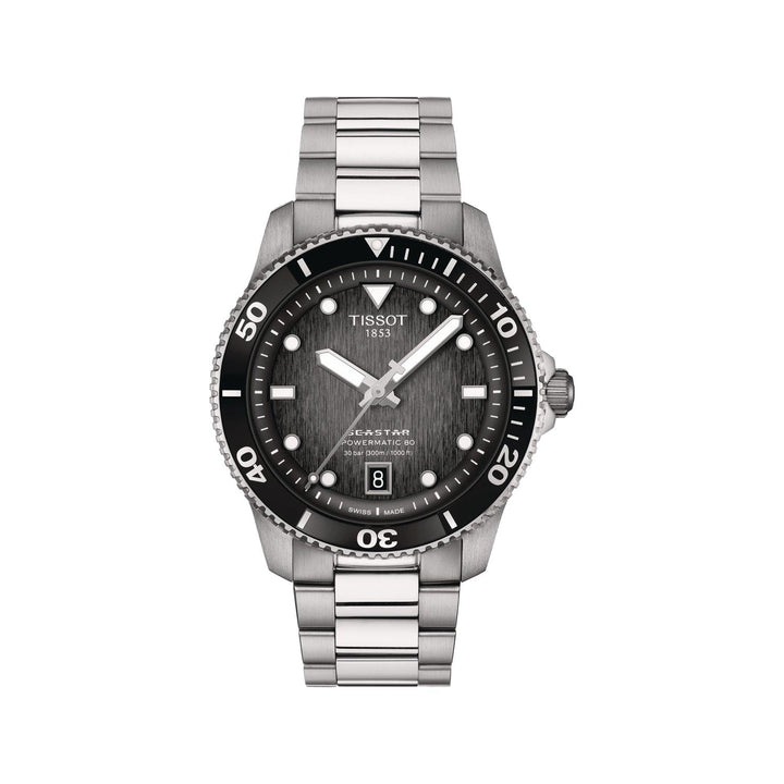 Tissot Seastar 1000 Powermatic 80 med svart urtavla och stållänk, visad framifrån. Modell T1208071105100.