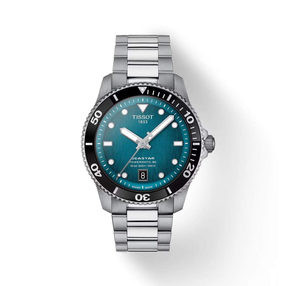 Tissot Seastar 1000 Powermatic 80 med turkos urtavla, stålarmband och svart dykarram. Modell T1208071109100