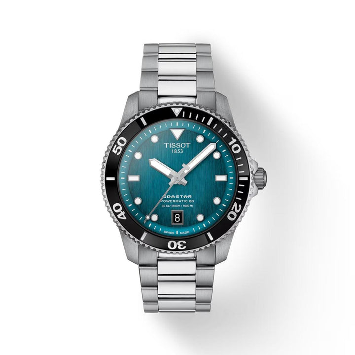 Tissot Seastar 1000 Powermatic 80 med turkos urtavla, stålarmband och svart dykarram. Modell T1208071109100