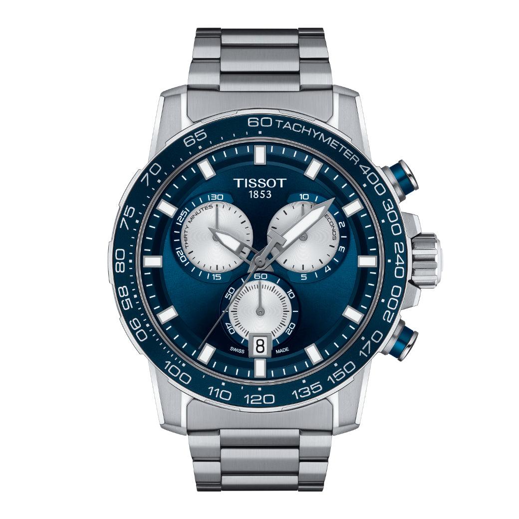 Tissot Supersport Chrono T1256171104100 klocka med blå urtavla, stålkedja och sportig kronograf. Modell T1256171104100