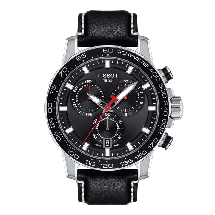 Tissot Supersport Chrono med svart urtavla, kronografdetaljer och svart läderrem. Modell T1256171605100