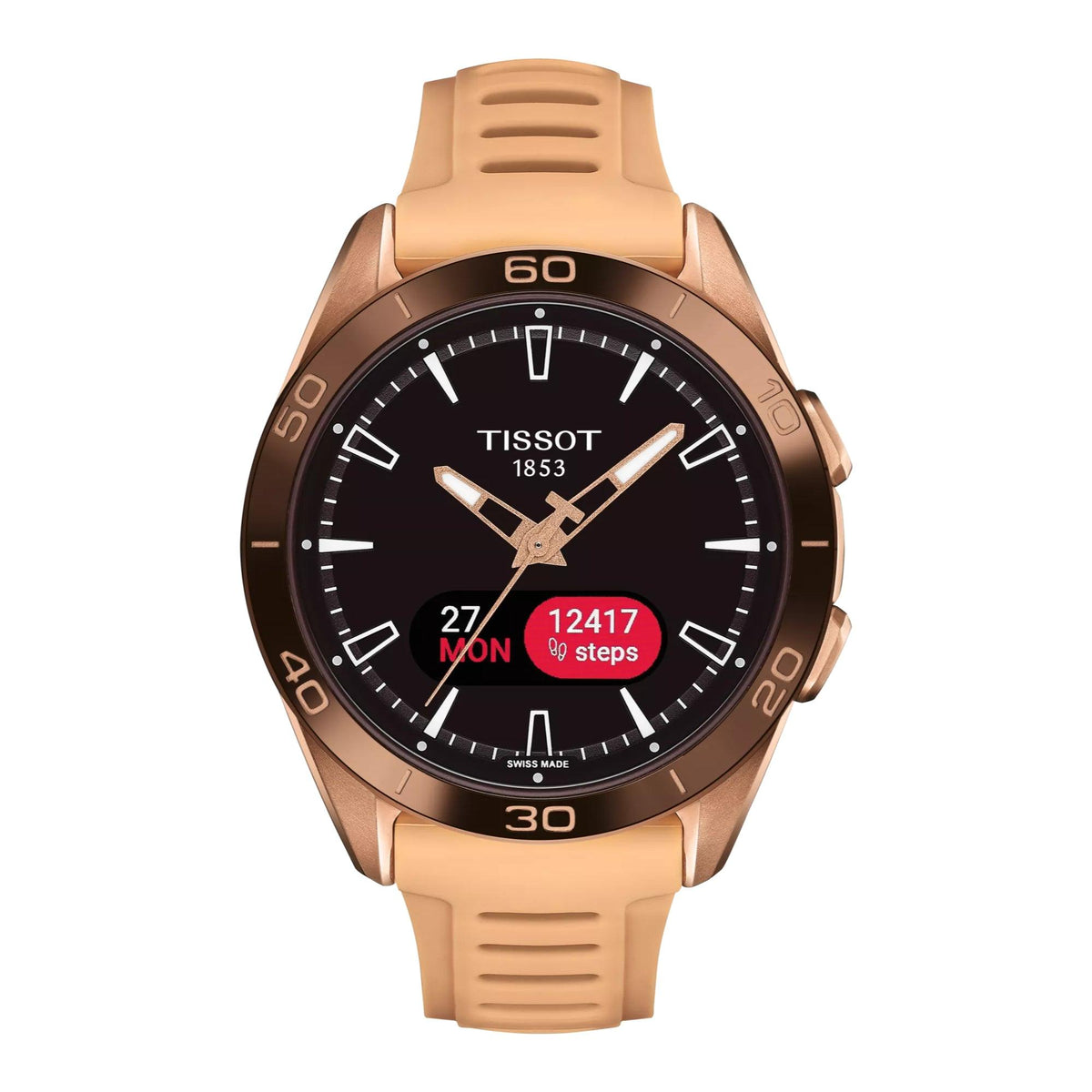 Tissot T-Touch Connect Sport Rose Gold PVD smartklocka med gummirem och svart urtavla, modell T1534204705105.