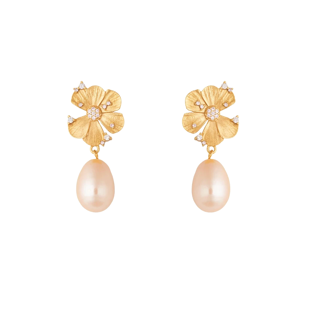 Vincent Venus Wildflower Örhängen Pink Pearl Gold Plated visar guldpläterade örhängen med blommor och rosa pärlor. Modell vj247-vecka-1.